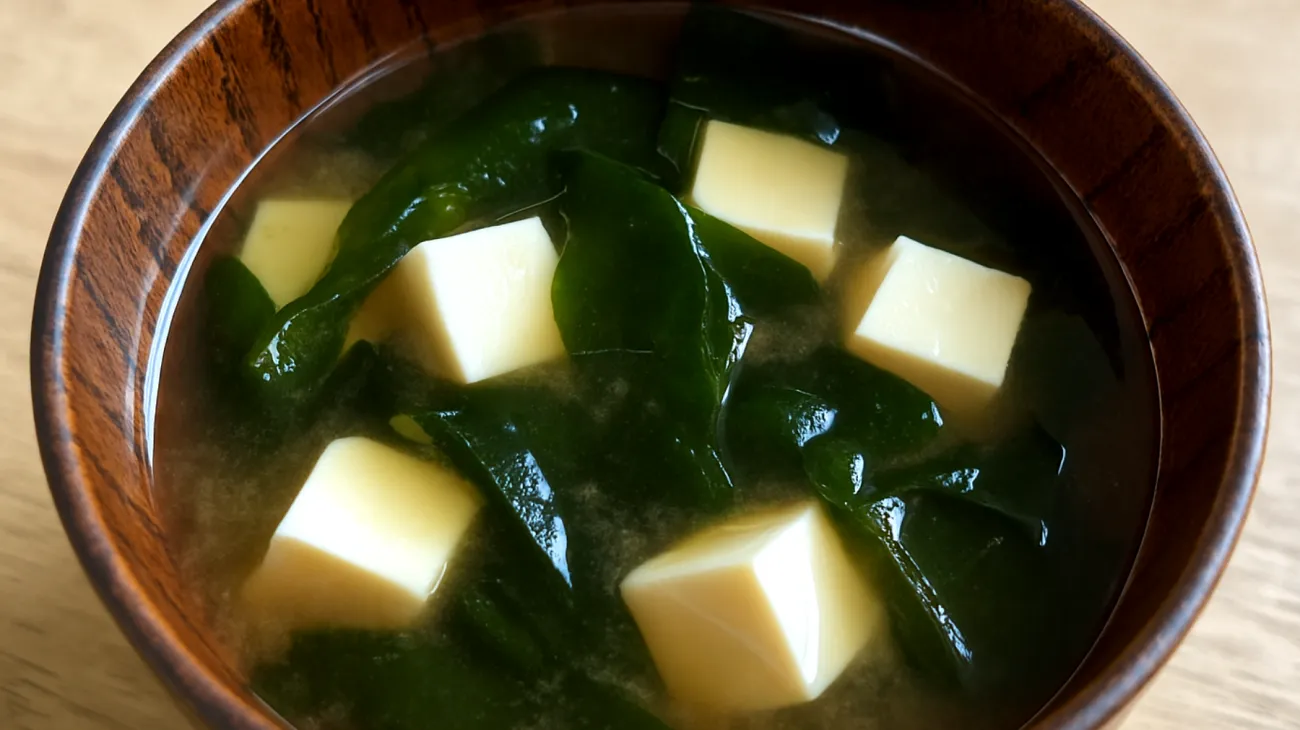 Miso soup with wakame seaweed and silken tofu"